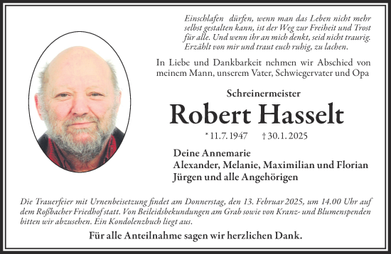 Traueranzeige von Robert Hasselt von Mittelhessen-Bote