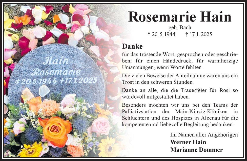  Traueranzeige für Rosemarie Hain vom 15.02.2025 aus Gelnhäuser Neue Zeitung