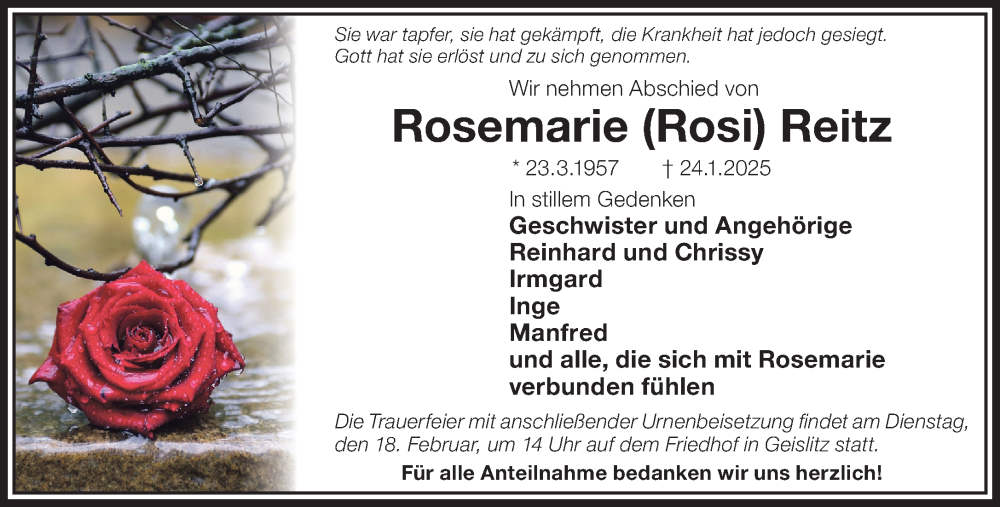  Traueranzeige für Rosemarie Reitz vom 15.02.2025 aus Gelnhäuser Neue Zeitung