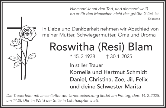 Traueranzeige von Roswitha  Blam von Gelnhäuser Neue Zeitung