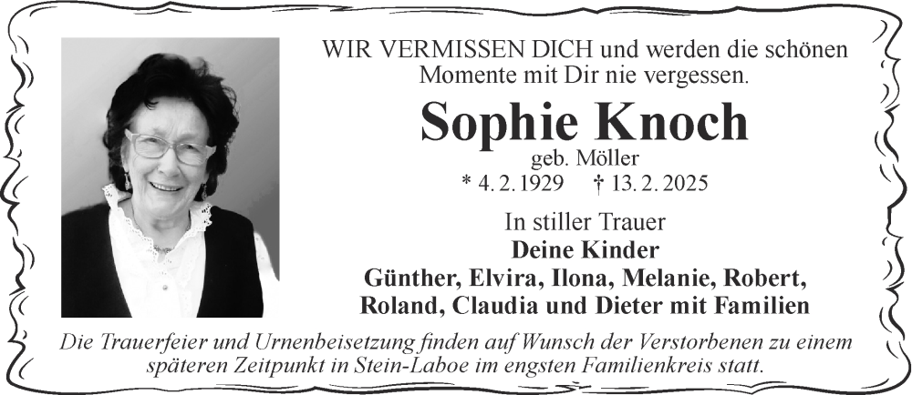  Traueranzeige für Sophie Knoch vom 22.02.2025 aus Gelnhäuser Neue Zeitung