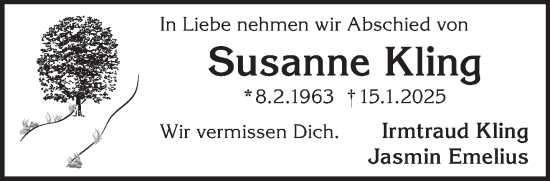 Traueranzeige von Susanne Kling von Gelnhäuser Neue Zeitung