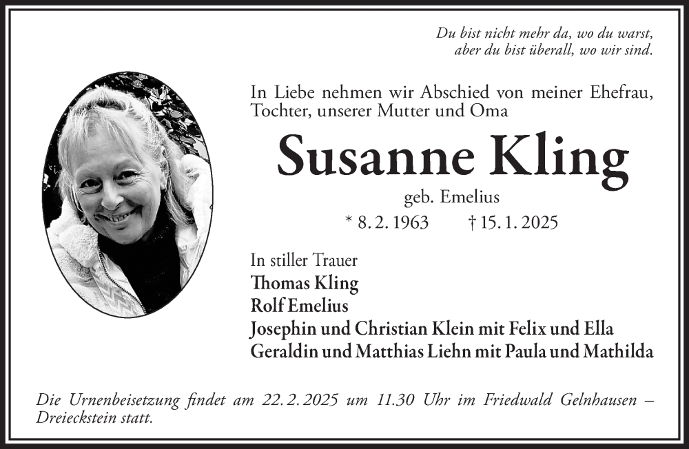  Traueranzeige für Susanne Kling vom 15.02.2025 aus Gelnhäuser Neue Zeitung