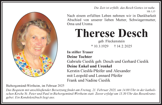 Traueranzeige von Therese Desch von Gelnhäuser Neue Zeitung