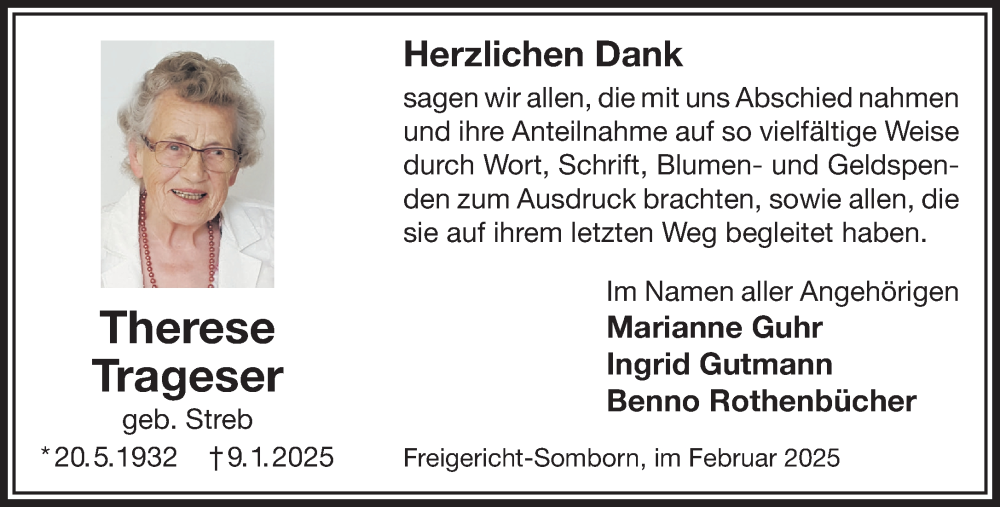  Traueranzeige für Therese Trageser vom 22.02.2025 aus Gelnhäuser Neue Zeitung