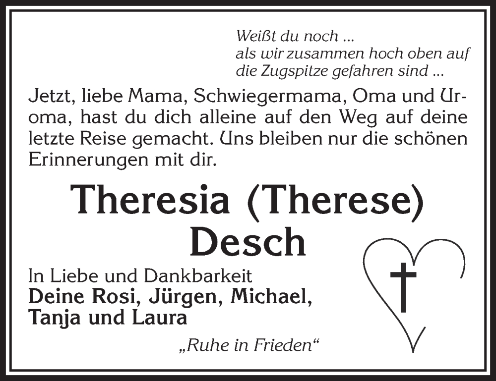  Traueranzeige für Theresia  Desch vom 18.02.2025 aus Gelnhäuser Neue Zeitung