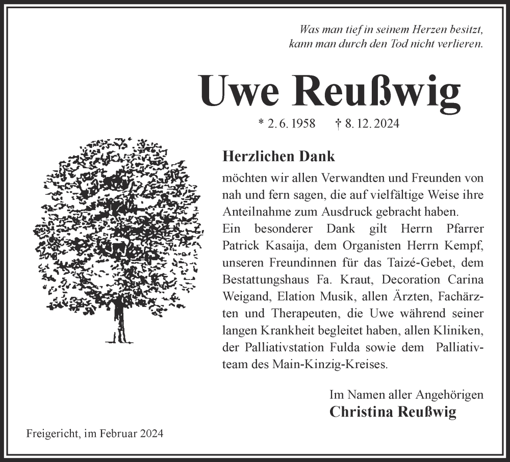  Traueranzeige für Uwe Reußwig vom 15.02.2025 aus Gelnhäuser Neue Zeitung