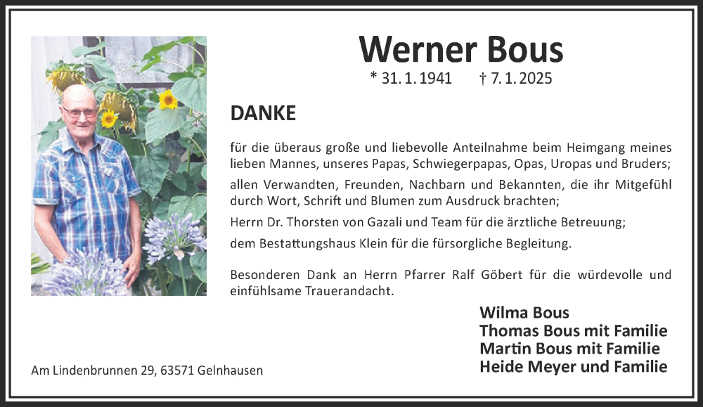  Traueranzeige für Werner Bous vom 22.02.2025 aus Gelnhäuser Neue Zeitung