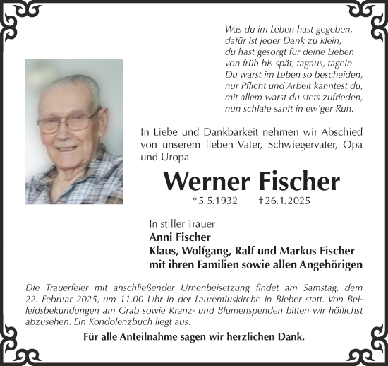Traueranzeige von Werner Fischer von Mittelhessen-Bote