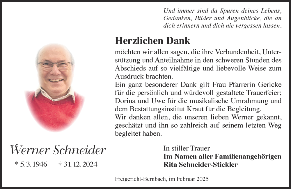  Traueranzeige für Werner Schneider vom 22.02.2025 aus Gelnhäuser Neue Zeitung