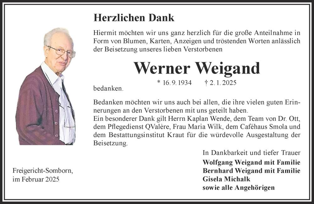 Traueranzeige für Werner Weigand vom 22.02.2025 aus Gelnhäuser Neue Zeitung