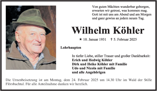 Traueranzeige von Wilhelm Köhler von Mittelhessen-Bote