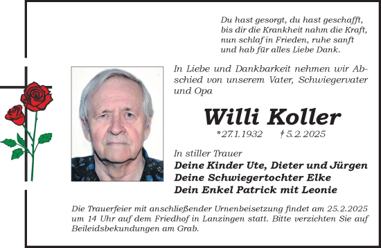 Traueranzeige von Willi Koller von Gelnhäuser Neue Zeitung