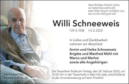 Traueranzeige von Willi Schneeweis von Gelnhäuser Neue Zeitung