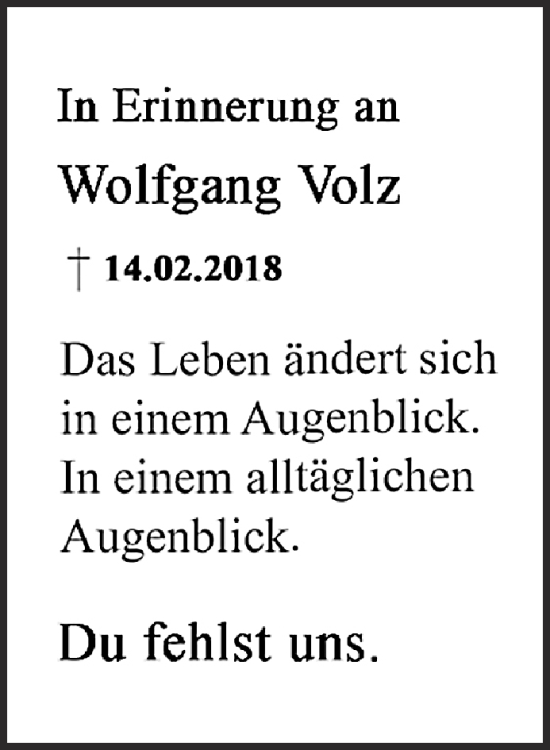 Traueranzeige von Wolfgang Volz von Gelnhäuser Neue Zeitung