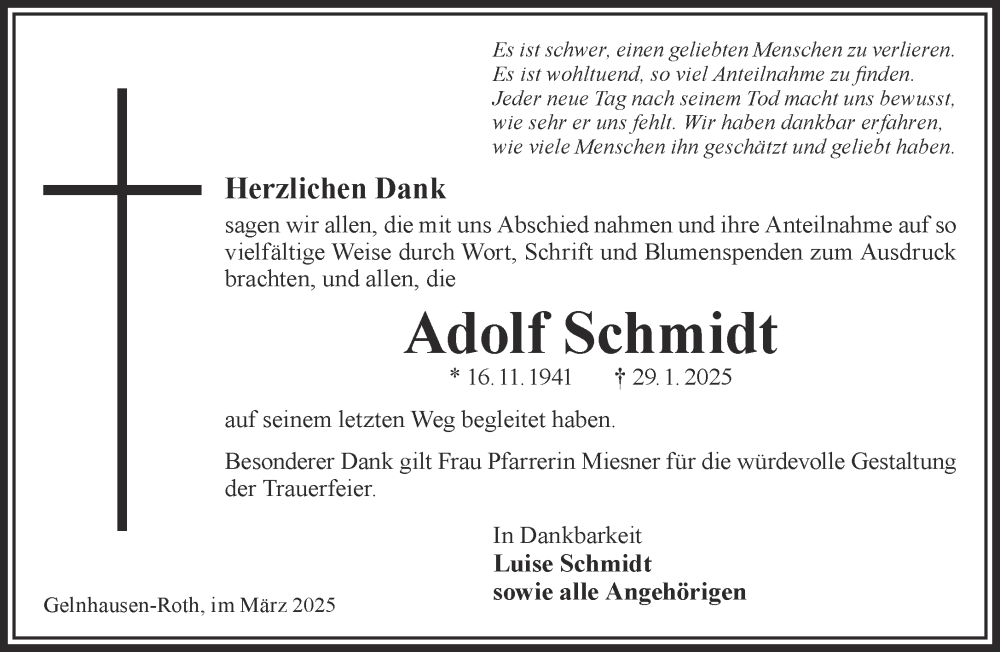  Traueranzeige für Adolf Schmidt vom 22.03.2025 aus Gelnhäuser Neue Zeitung