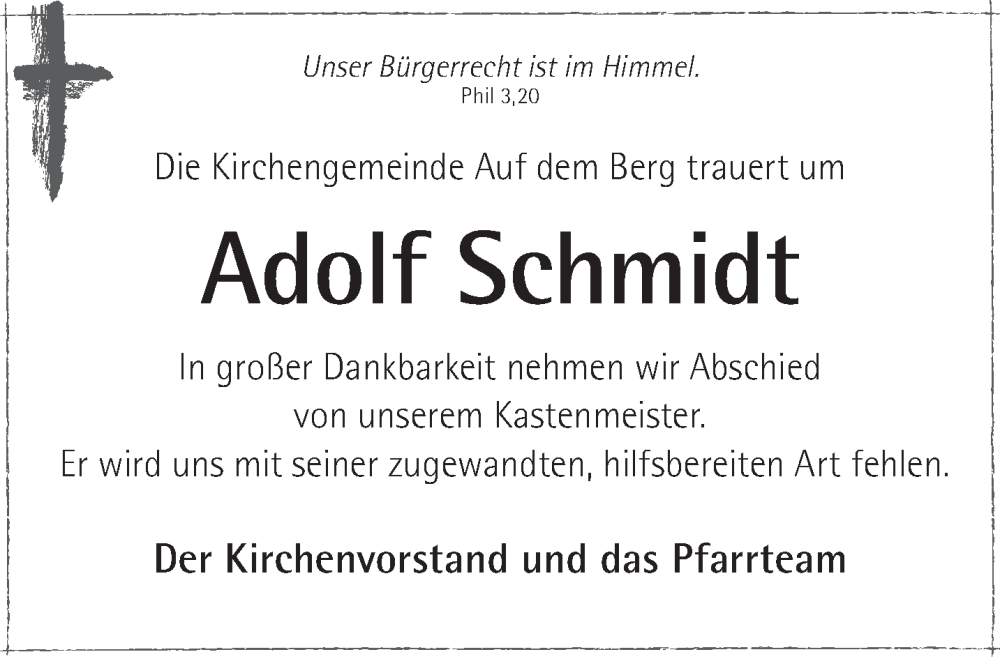  Traueranzeige für Adolf Schmidt vom 08.03.2025 aus Gelnhäuser Neue Zeitung