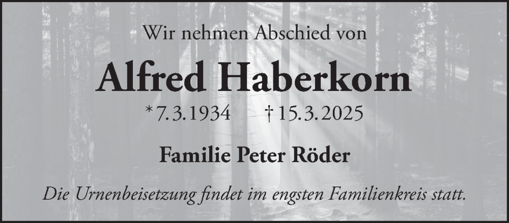  Traueranzeige für Alfred Haberkorn vom 22.03.2025 aus Gelnhäuser Neue Zeitung