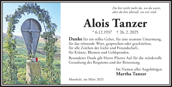 Traueranzeige von Alois Tanzer von Gelnhäuser Neue Zeitung