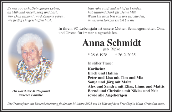 Traueranzeige von Anna Schmidt von Gelnhäuser Neue Zeitung