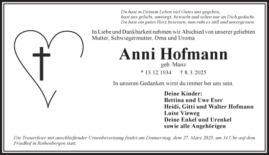 Traueranzeige von Anni Hofmann von Gelnhäuser Neue Zeitung