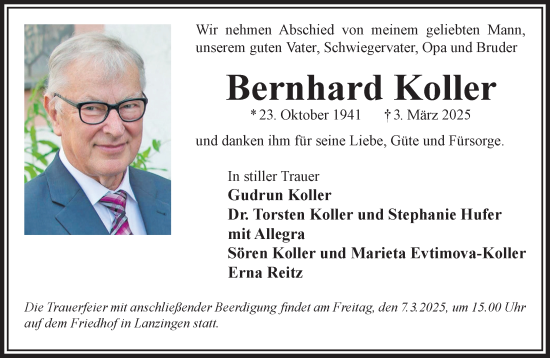 Traueranzeige von Bernhard Koller von Gelnhäuser Neue Zeitung