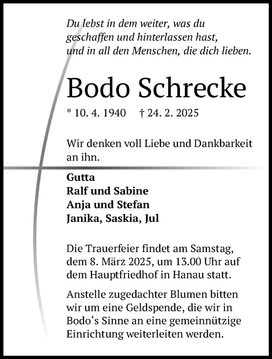 Traueranzeige von Bodo Schrecke von Mittelhessen-Bote