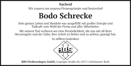 Traueranzeige von Bodo Schrecke von Mittelhessen-Bote