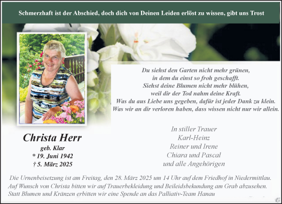 Traueranzeige von Christa Herr von Mittelhessen-Bote