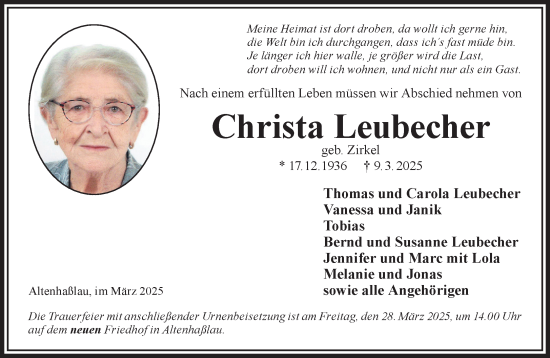 Traueranzeige von Christa Leubecher von Mittelhessen-Bote