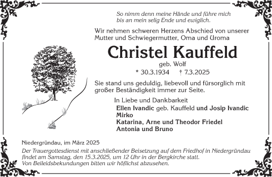 Traueranzeige von Christel Kauffeld von Gelnhäuser Neue Zeitung