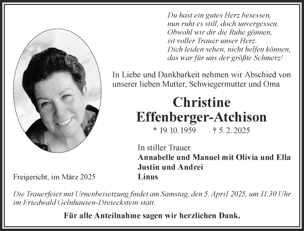  Traueranzeige für Christine Effenberger-Atchison vom 29.03.2025 aus Mittelhessen-Bote