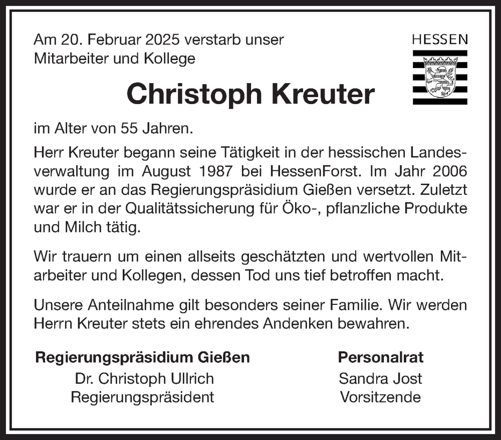  Traueranzeige für Christoph Kreuter vom 22.03.2025 aus Gelnhäuser Neue Zeitung