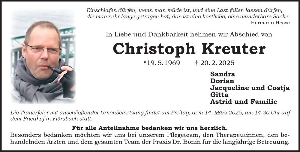  Traueranzeige für Christoph Kreuter vom 08.03.2025 aus Mittelhessen-Bote