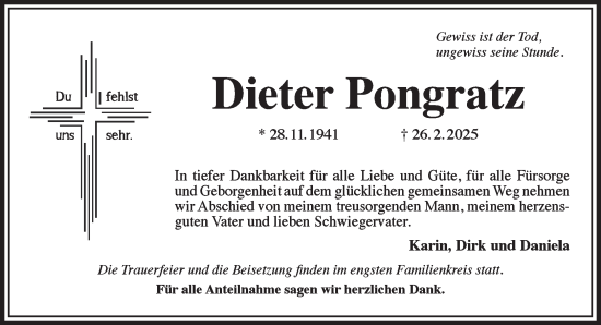 Traueranzeige von Dieter Pongratz von Gelnhäuser Neue Zeitung