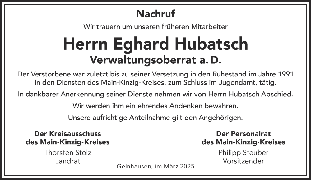  Traueranzeige für Eghard Hubatsch vom 22.03.2025 aus Mittelhessen-Bote