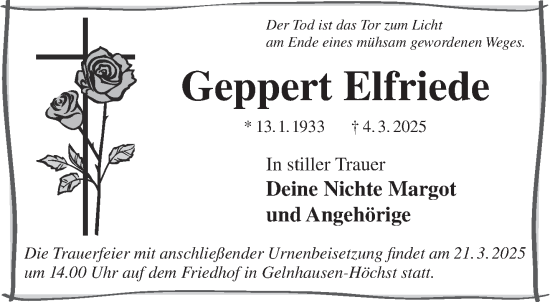 Traueranzeige von Elfriede Geppert von Gelnhäuser Neue Zeitung