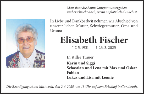 Traueranzeige von Elisabeth Fischer von Gelnhäuser Neue Zeitung