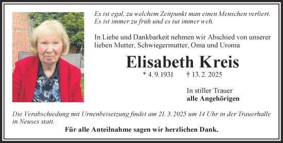 Traueranzeige von Elisabeth Kreis von Gelnhäuser Neue Zeitung