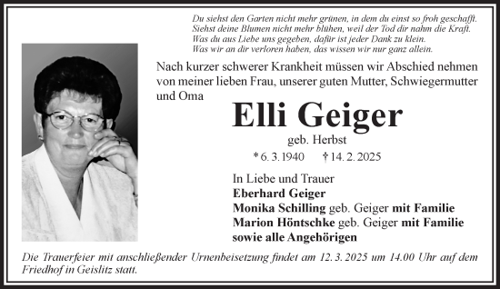 Traueranzeige von Elli Geiger von Gelnhäuser Neue Zeitung