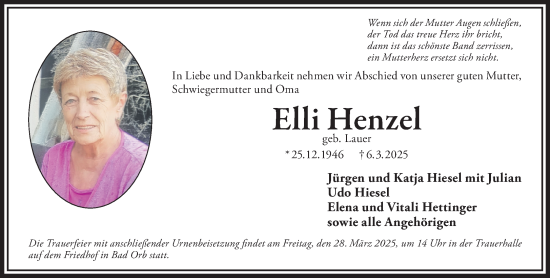 Traueranzeige von Elli Henzel von Gelnhäuser Neue Zeitung