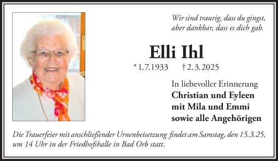 Traueranzeige von Elli Ihl von Gelnhäuser Neue Zeitung