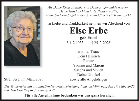 Traueranzeige von Else Erbe von Mittelhessen-Bote