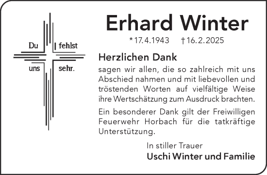 Traueranzeige von Erhard Winter von Gelnhäuser Neue Zeitung
