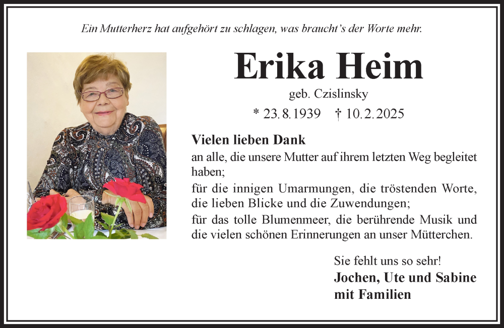  Traueranzeige für Erika Heim vom 15.03.2025 aus Gelnhäuser Neue Zeitung