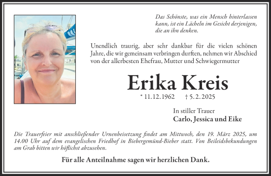 Traueranzeige von Erika Kreis von Gelnhäuser Neue Zeitung