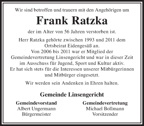 Traueranzeige von Frank Ratzka von Gelnhäuser Neue Zeitung