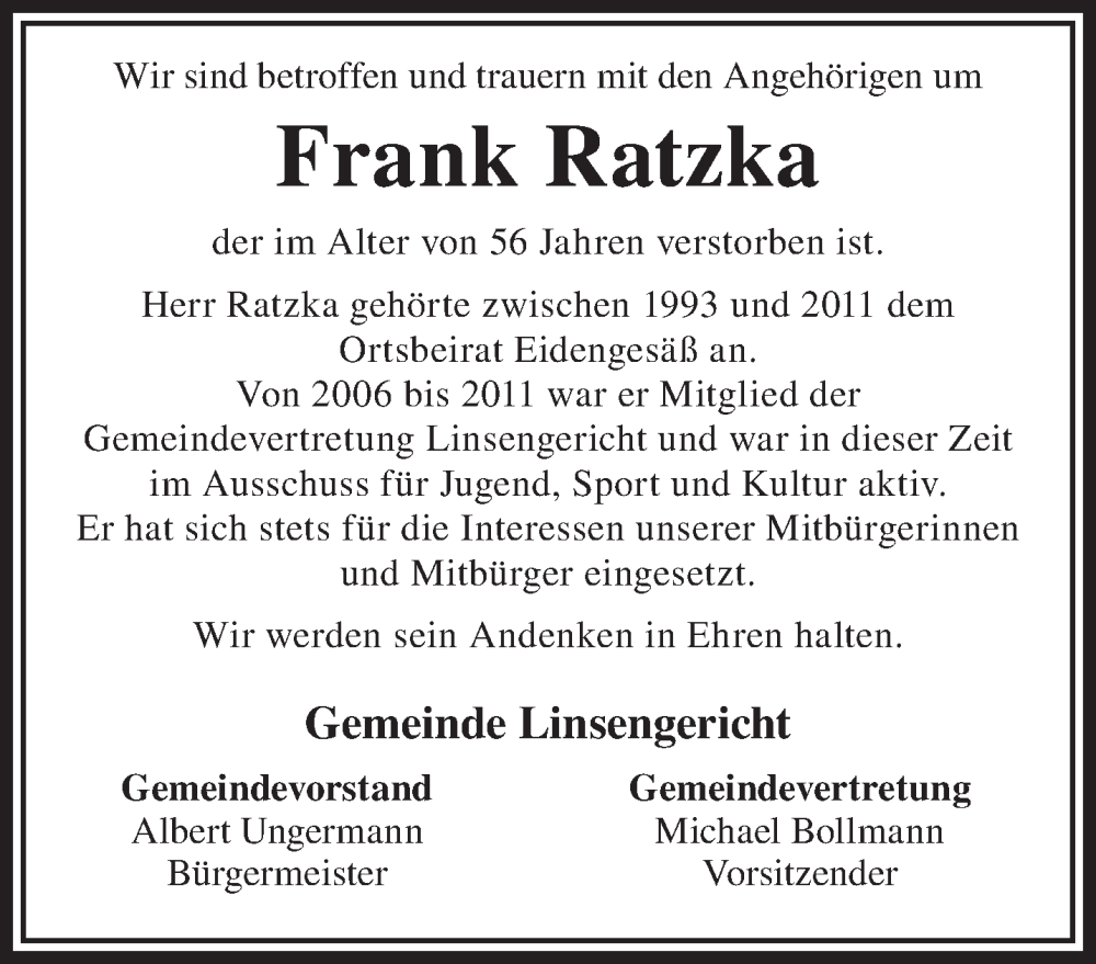  Traueranzeige für Frank Ratzka vom 15.03.2025 aus Gelnhäuser Neue Zeitung