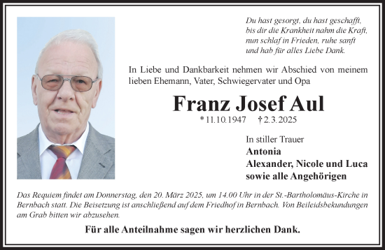 Traueranzeige von Franz Josef Aul von Gelnhäuser Neue Zeitung