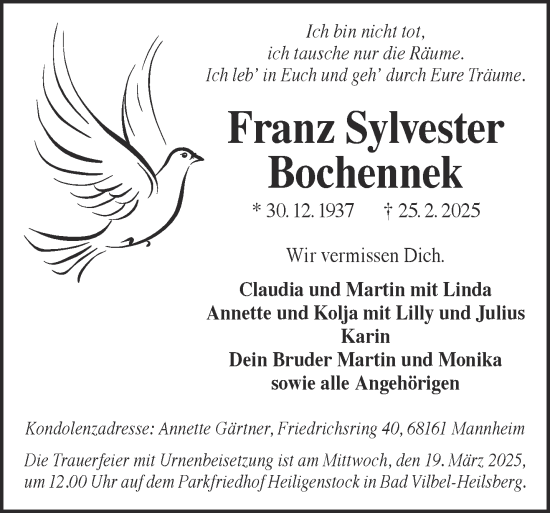 Traueranzeige von Franz Sylvester Bochennek von Gelnhäuser Neue Zeitung